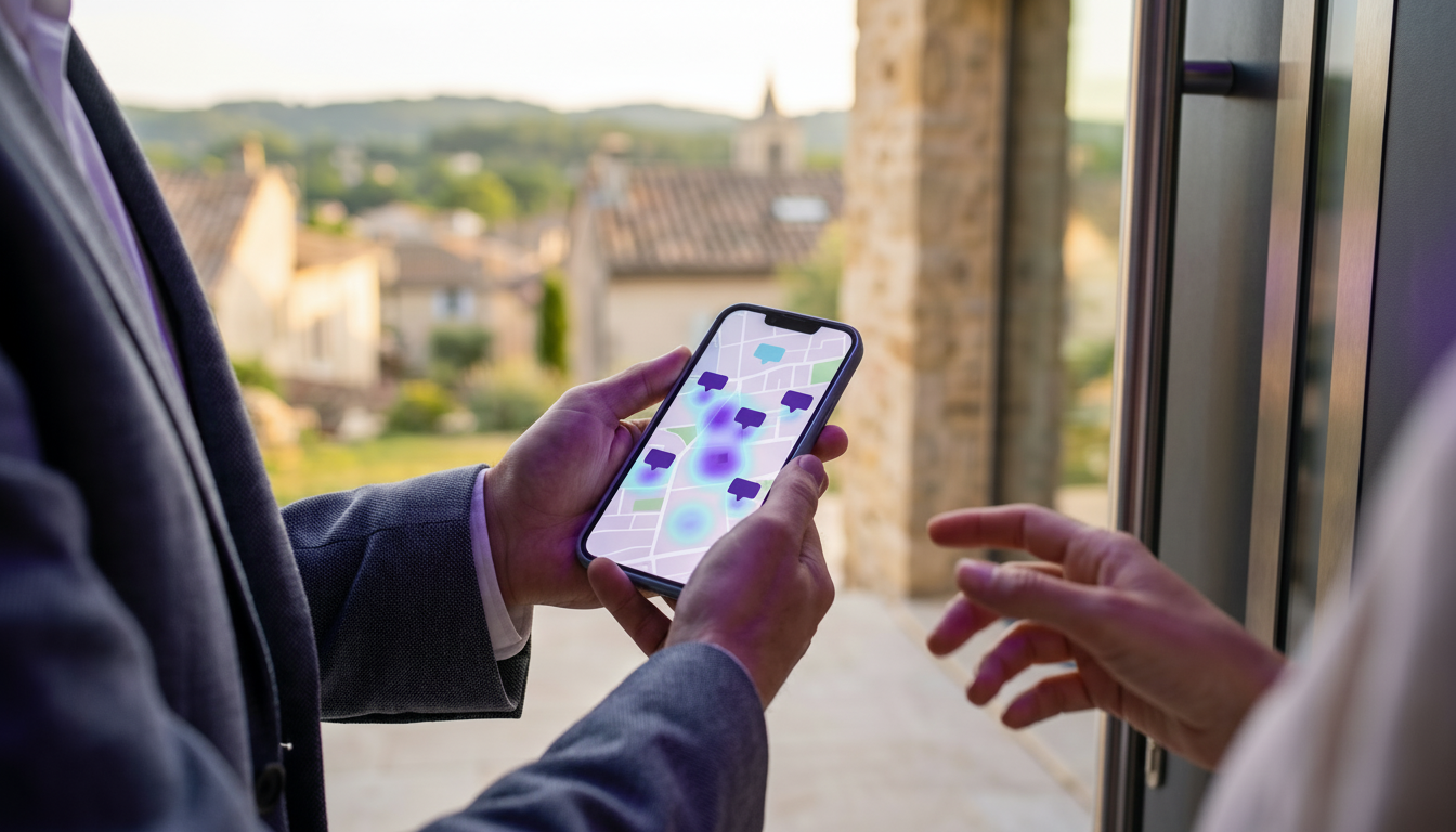 Vue en gros plan sur un smartphone affichant une carte interactive avec des pastilles de prix de ven