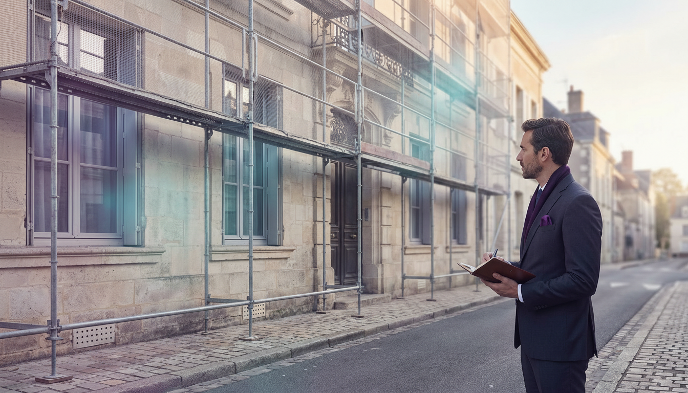 Une maison traditionnelle en pierre dans une rue de ville moyenne française, partiellement couverte 