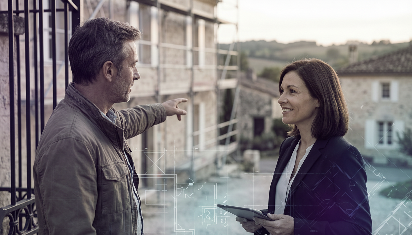 Plan rapproché de deux personnes discutant devant un portail. Un homme d'une cinquantaine d'années (