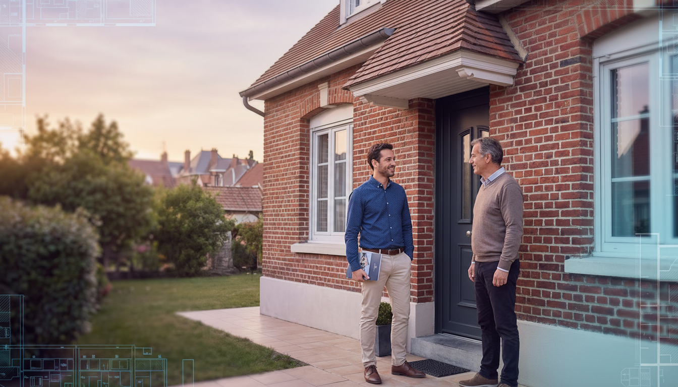 Un conseiller immobilier souriant, habillé en tenue décontractée chic (chemise, pantalon chino), dis