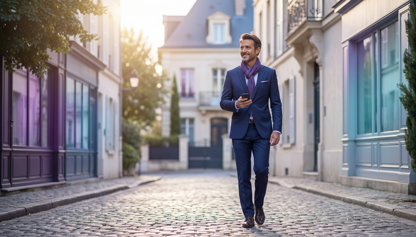 Conseiller immobilier marchant d'un pas décidé et souriant dans une rue pavillonnaire résidentielle 
