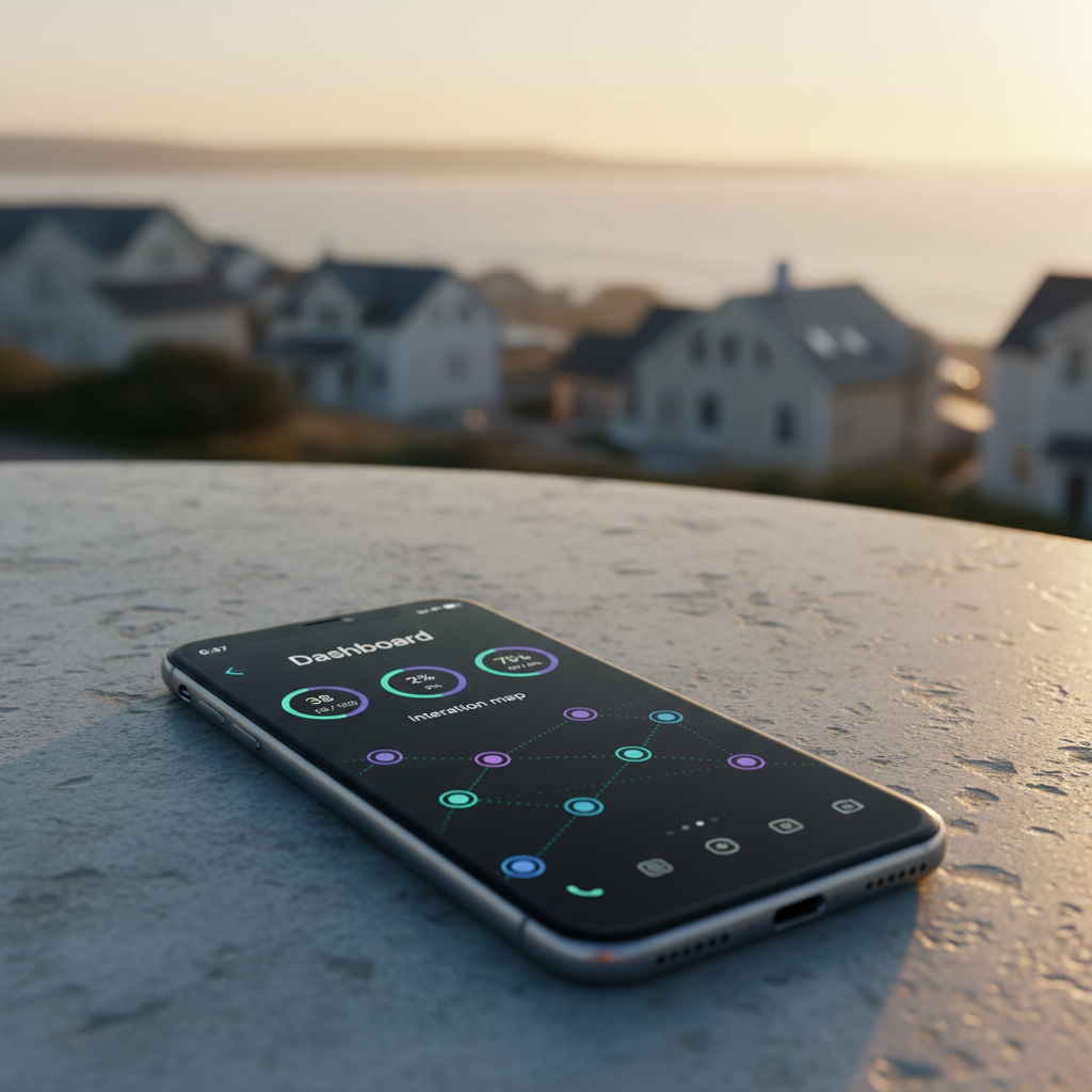 Tableau de bord moderne d'une application professionnelle sur smartphone, affichant des statistiques