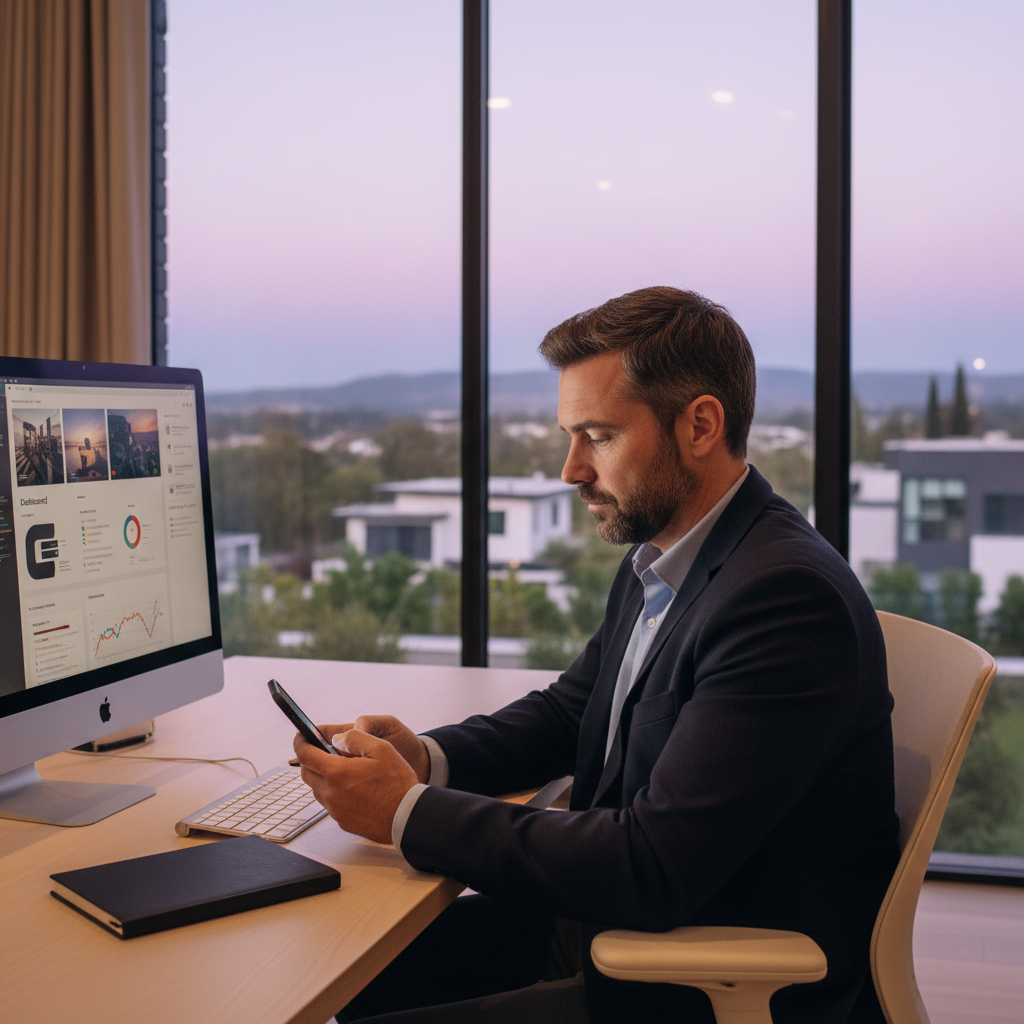 Conseiller immobilier assis à son bureau dans une agence moderne et lumineuse, regardant pensivement