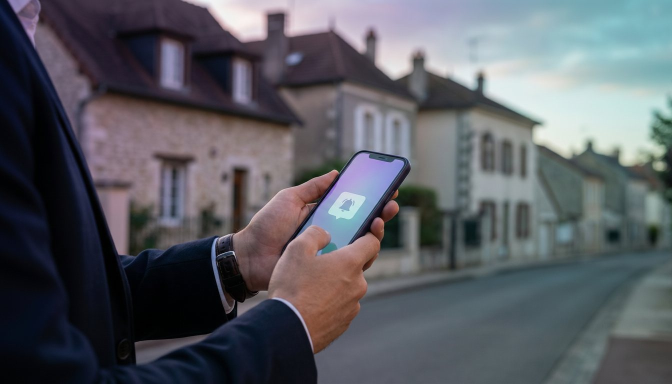 Gros plan sur les mains d'un conseiller immobilier tenant un smartphone affichant une notification d