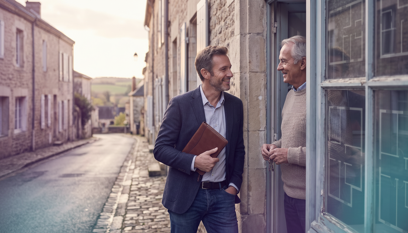 Conseiller immobilier souriant en train de discuter avec un propriétaire sur le pas d'une porte de m