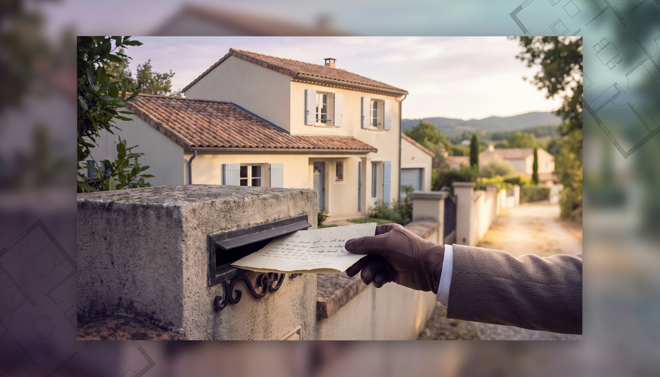 Main d'un conseiller immobilier glissant une note manuscrite soignée dans la boîte aux lettres d'une