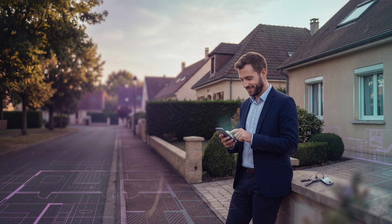 Un conseiller immobilier masculin, trentenaire, habillé en style business casual, consultant son sma