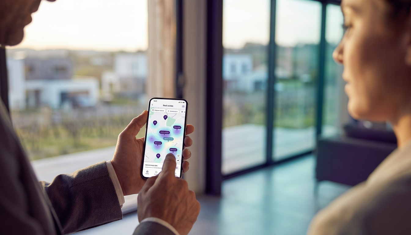 Gros plan sur les mains d'un professionnel tenant un smartphone affichant une carte interactive avec