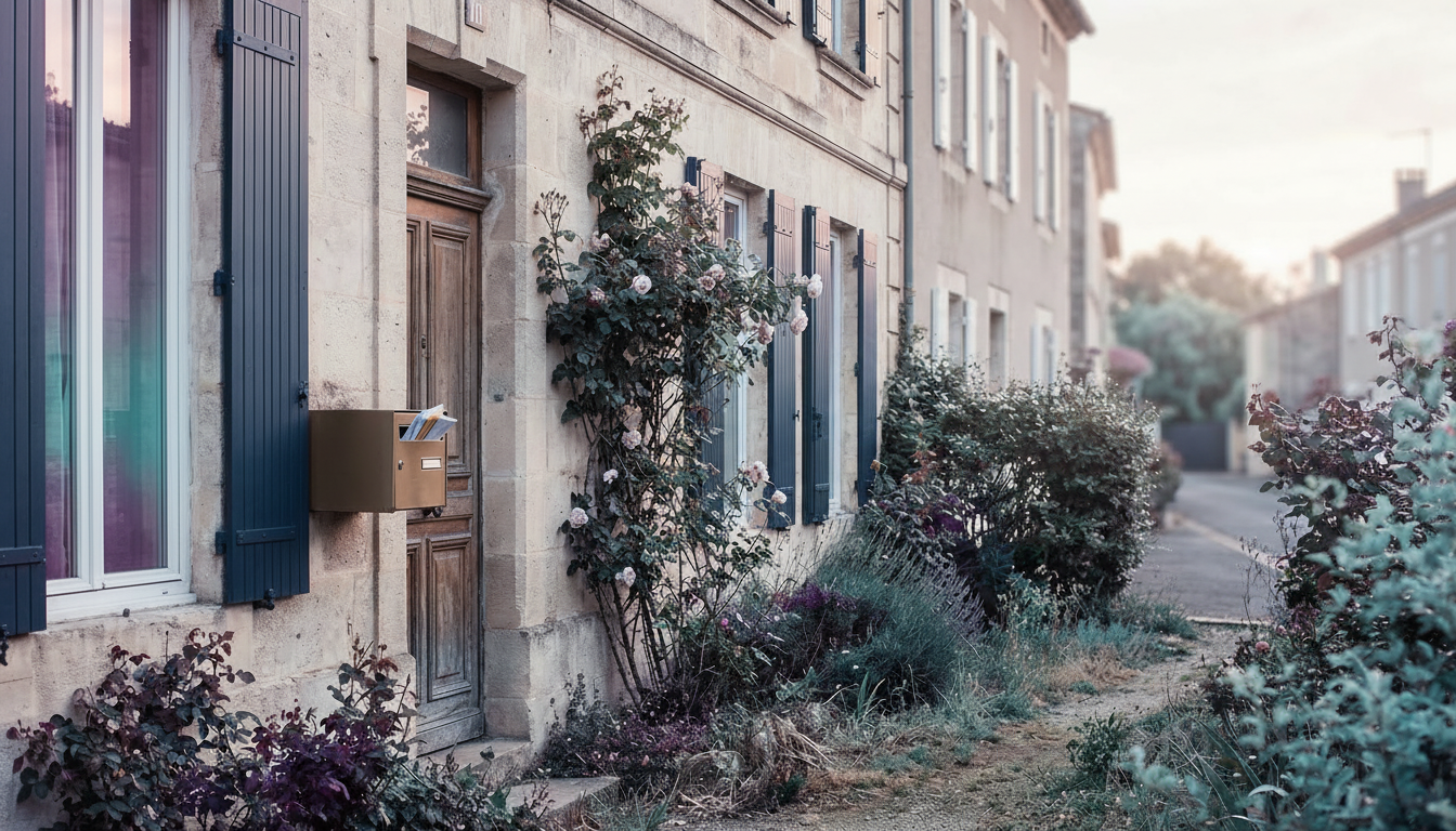 Maison de ville française de province avec une boîte aux lettres légèrement débordante, des volets c