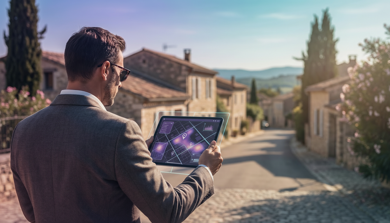 Conseiller immobilier professionnel de dos, regardant une rue pavillonnaire française ensoleillée, t