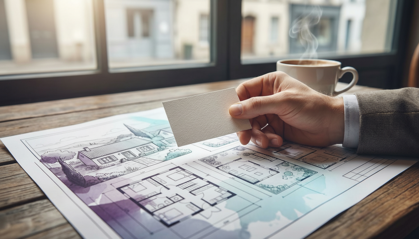 Plan serré sur une main tenant une carte de visite professionnelle au dessus d'un plan de quartier d