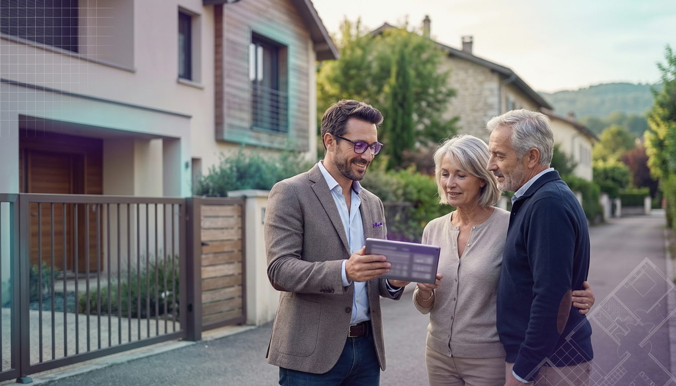 Conseiller immobilier souriant, habillé en tenue décontractée chic, discutant devant le portail d'un