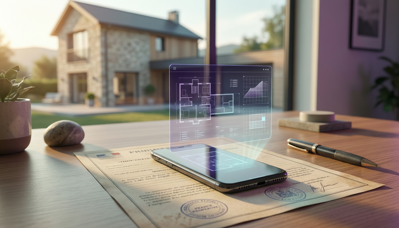 Gros plan artistique sur un smartphone posé sur un titre de propriété notarié, avec une interface gr