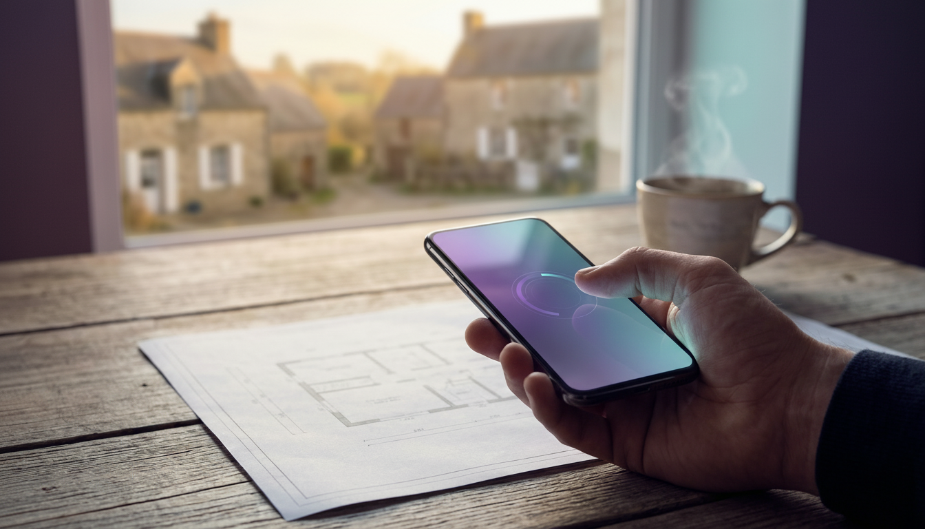Vue subjective d'un conseiller immobilier tenant un smartphone, l'écran affichant l'interface de sca