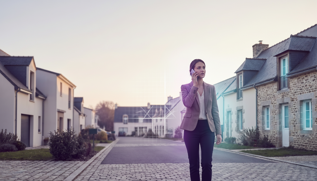 Conseillère immobilière marchant dans une rue pavillonnaire, dictant des informations sur son smartp