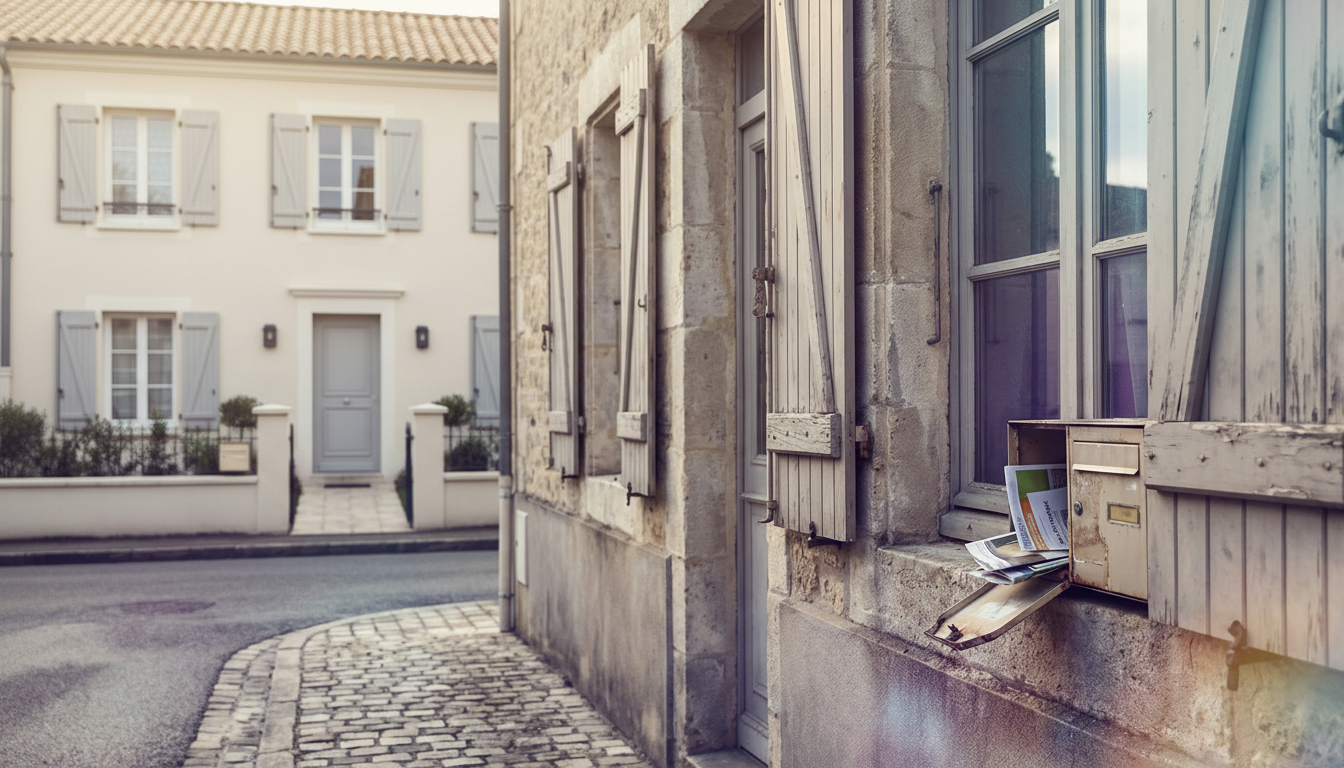 Plan rapproché d'une rue résidentielle française typique de province, avec une maison aux volets mi-