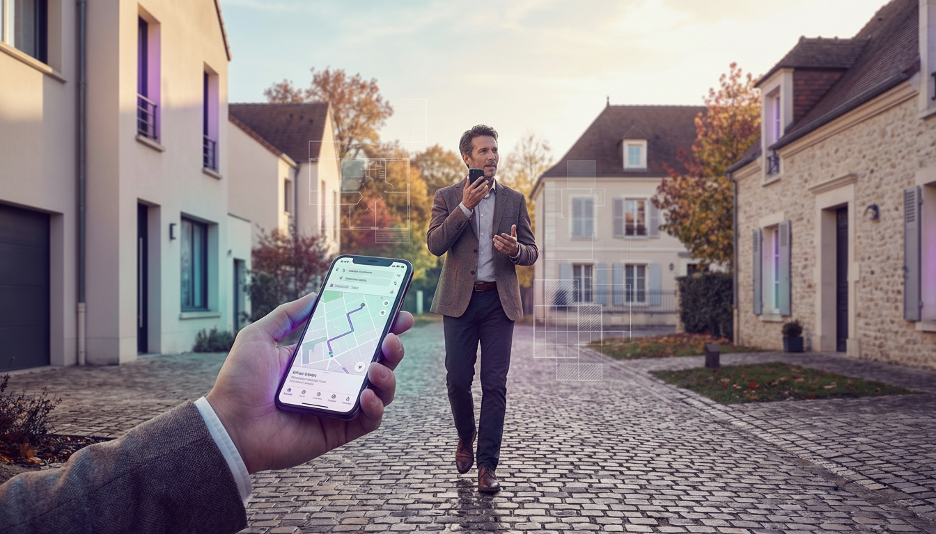 Conseiller immobilier dynamique marchant dans une rue pavillonnaire, utilisant la dictée vocale sur 