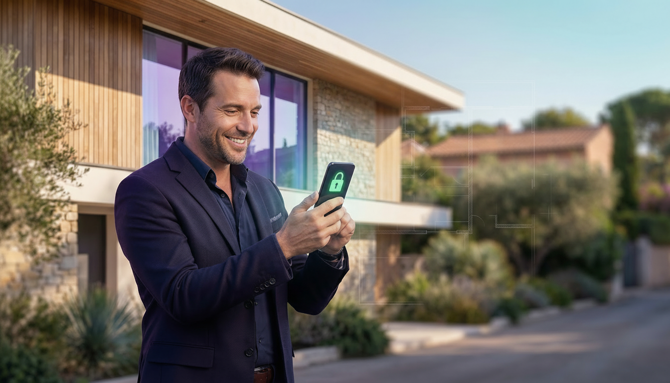 Un conseiller immobilier souriant, en tenue professionnelle décontractée, utilisant son smartphone a