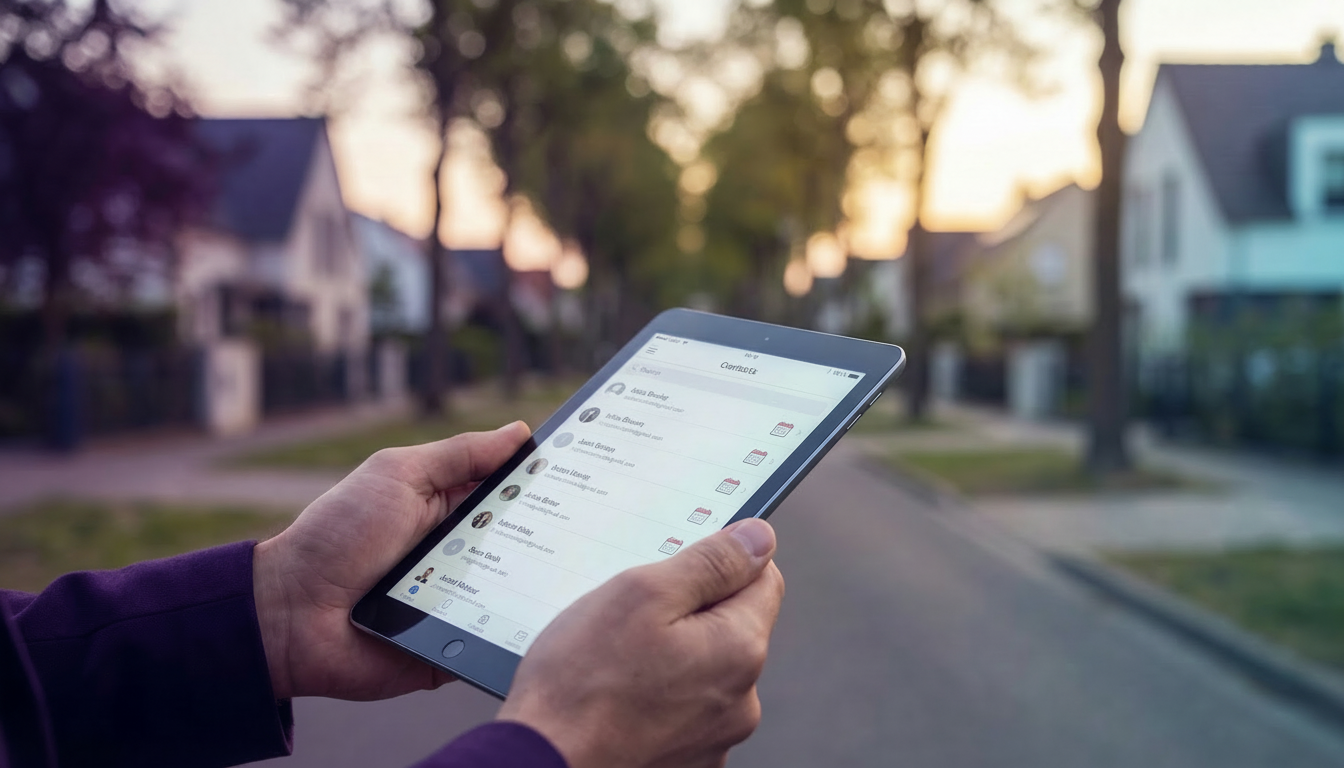 Gros plan sur les mains d'une conseillère immobilière tenant une tablette numérique moderne affichan