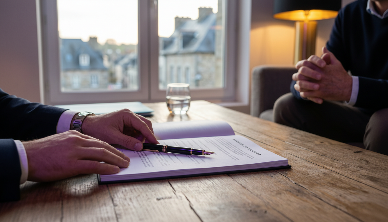 Gros plan sur les mains d'un conseiller immobilier posant un stylo haut de gamme sur un contrat de m