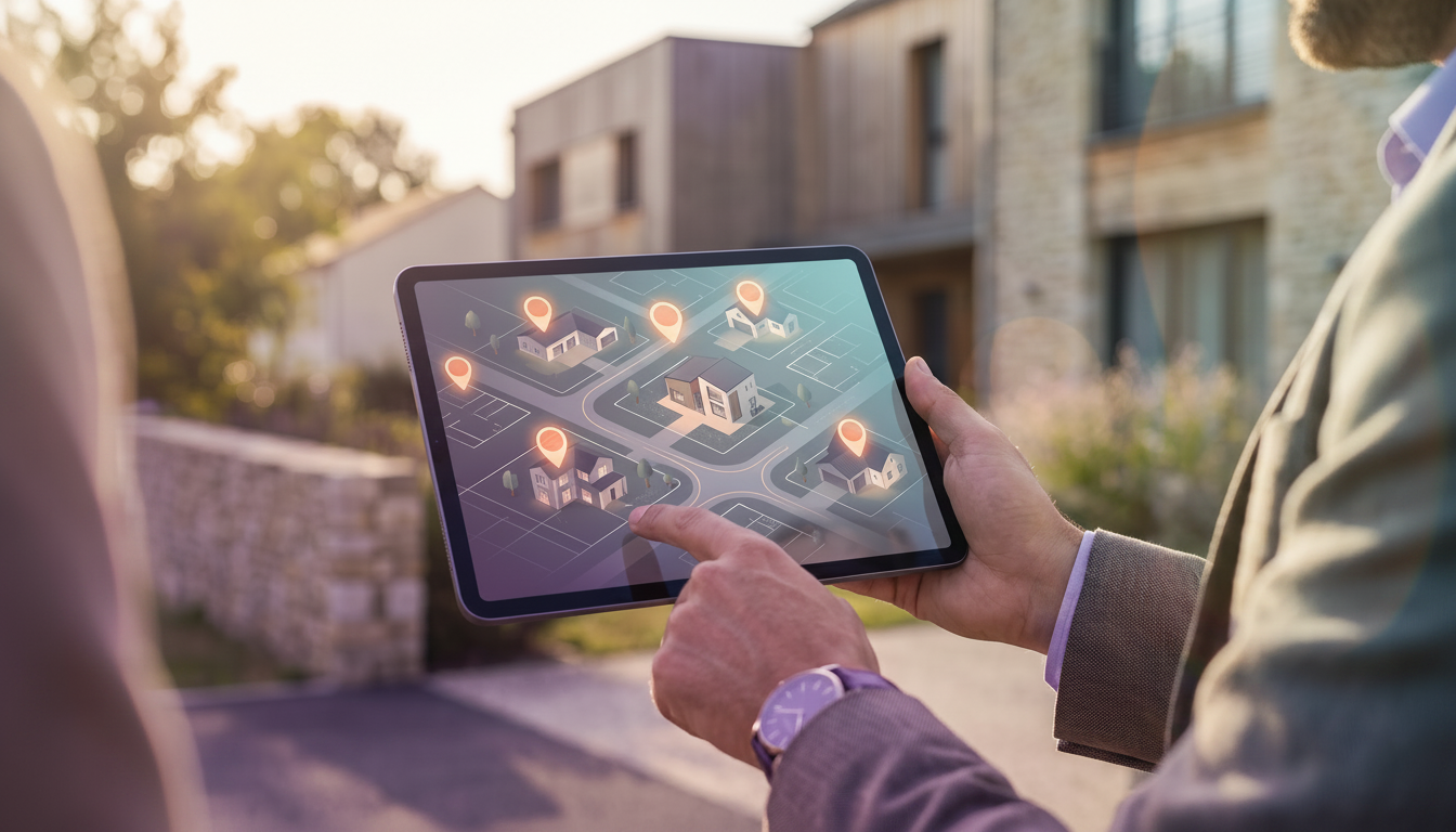 Vue rapprochée d'une tablette numérique affichant une carte interactive avec des marqueurs orange in