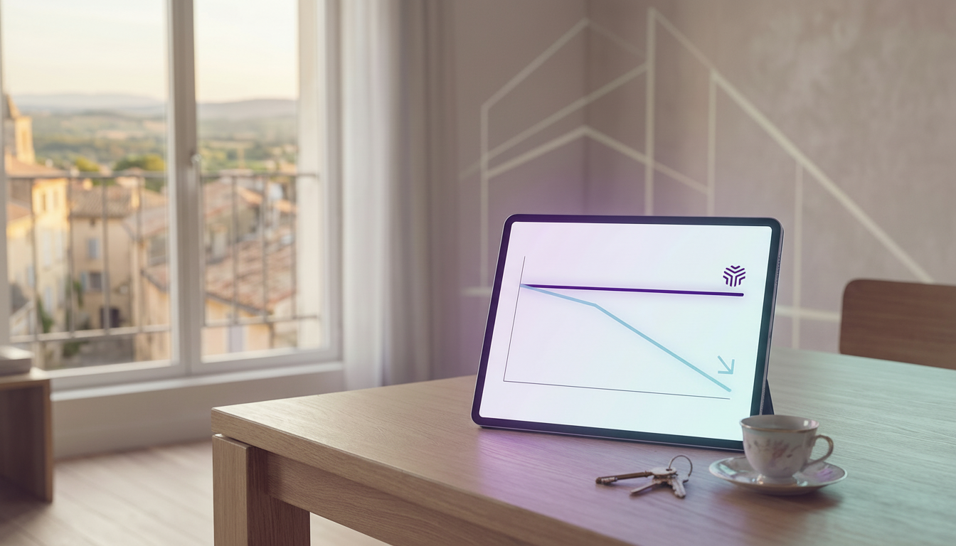 Graphique simple et épuré sur une tablette montrant deux courbes : l'une stable représentant le prix