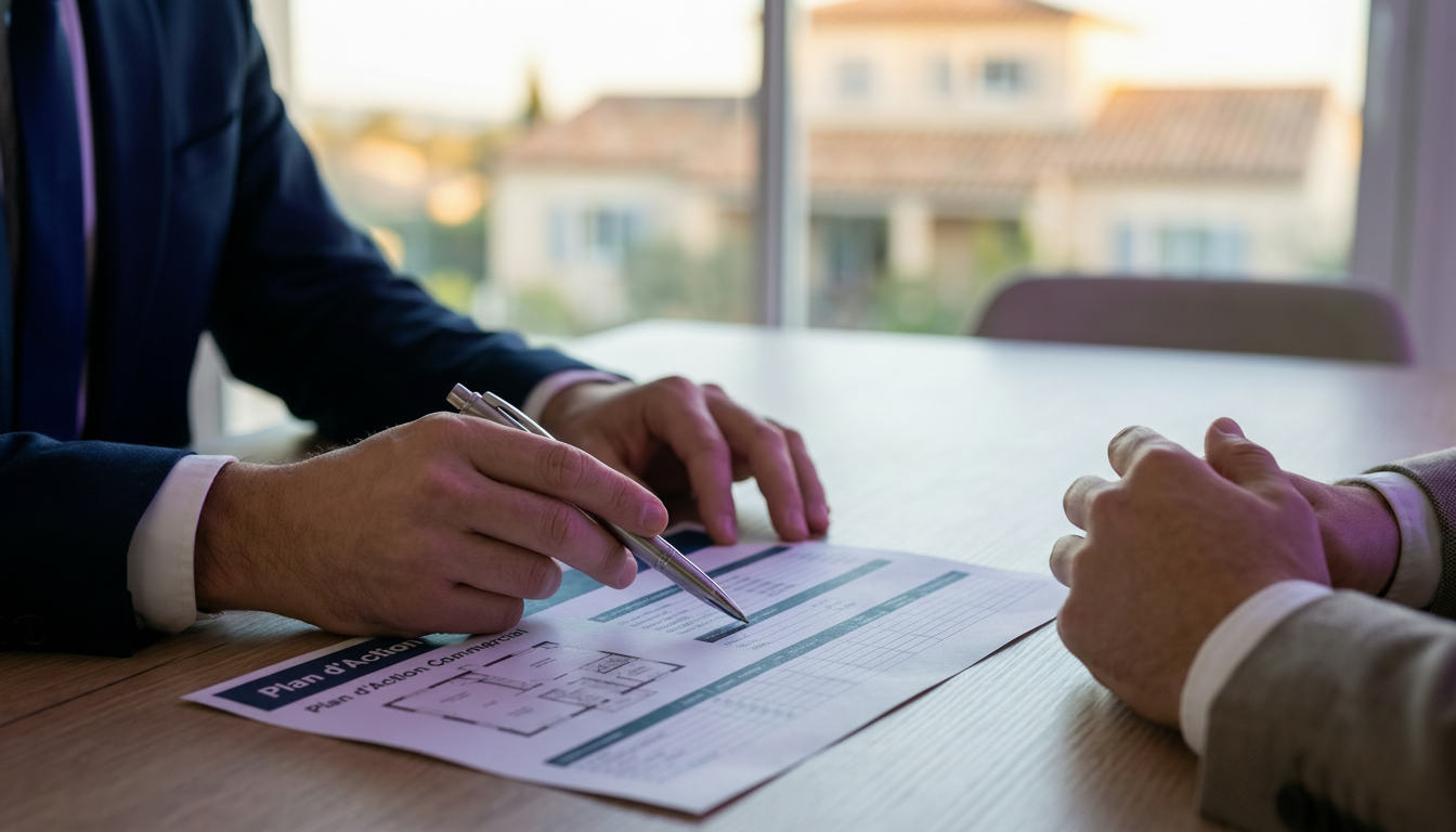 Gros plan sur les mains d'un conseiller immobilier tenant un stylo de qualité, pointant une ligne su