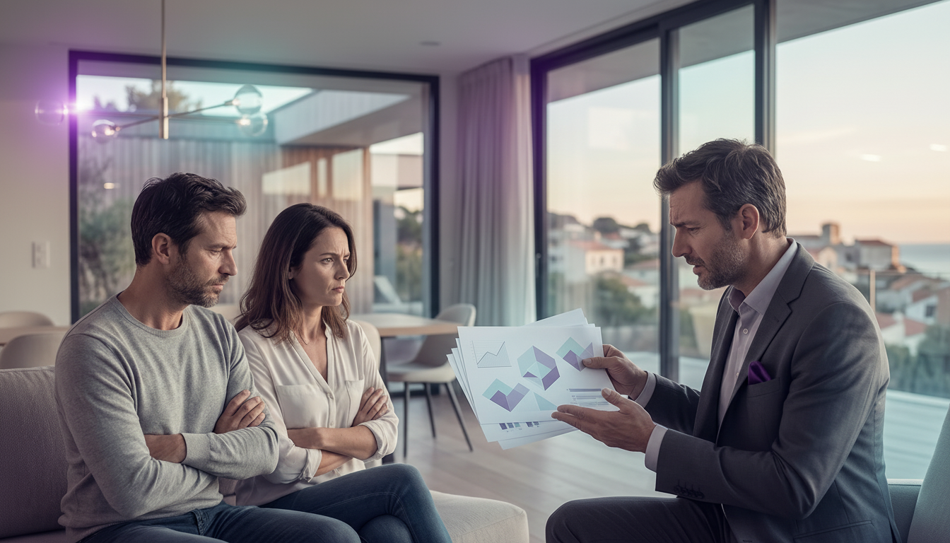 Un conseiller immobilier visiblement stressé dans un salon, montrant des graphiques sur papier à un 
