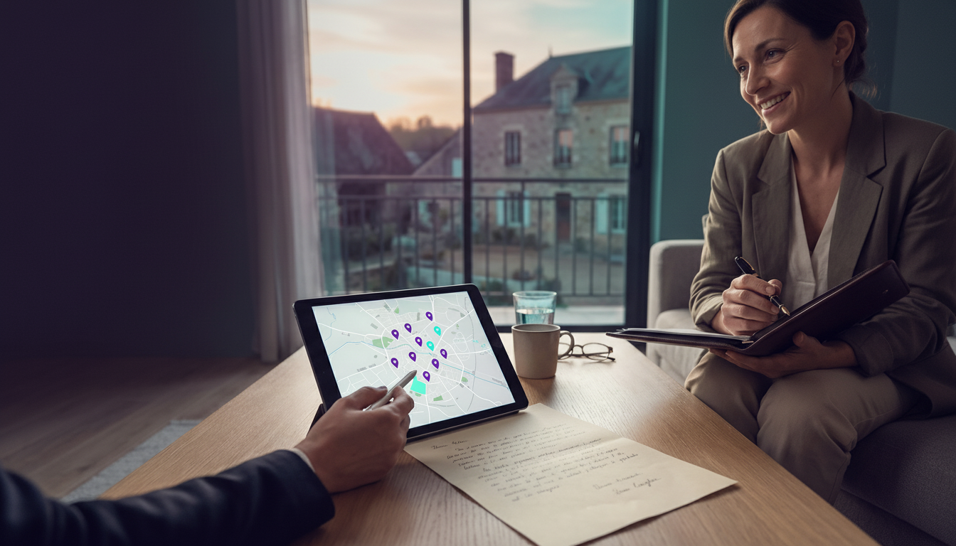 Plan rapproché sur une table de salon : une main d'agent immobilier montre sur une tablette une cart