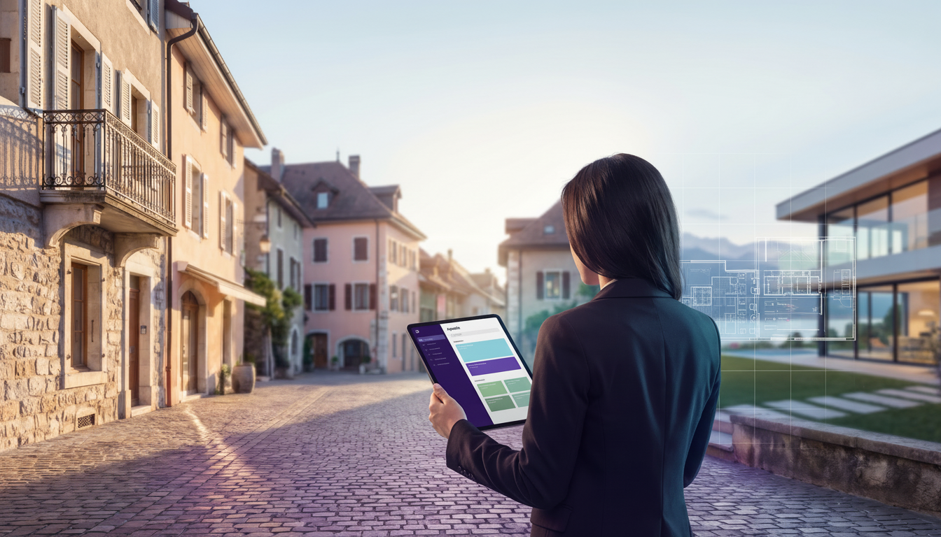 Un conseiller immobilier vu de dos, regardant un agenda numérique sur sa tablette avec des blocs de 