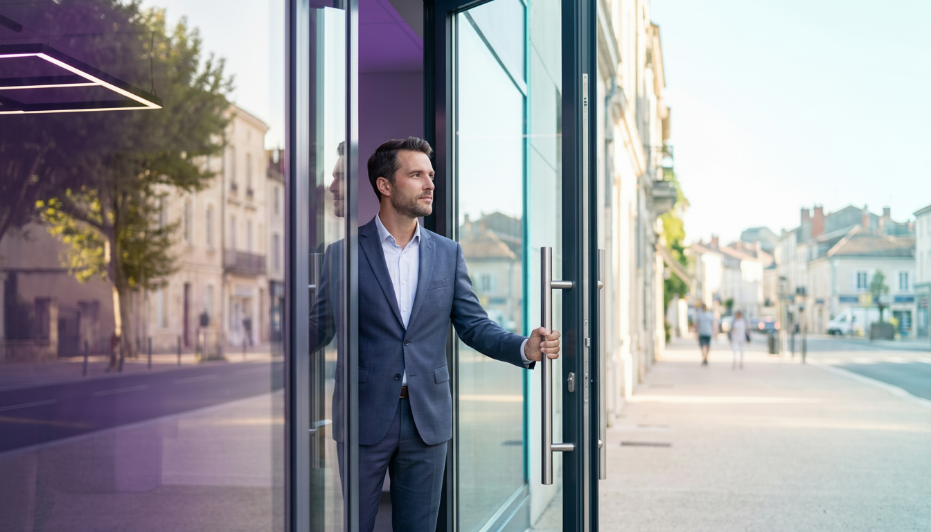 Un conseiller immobilier en tenue professionnelle, debout devant la porte d'entrée de son agence, la
