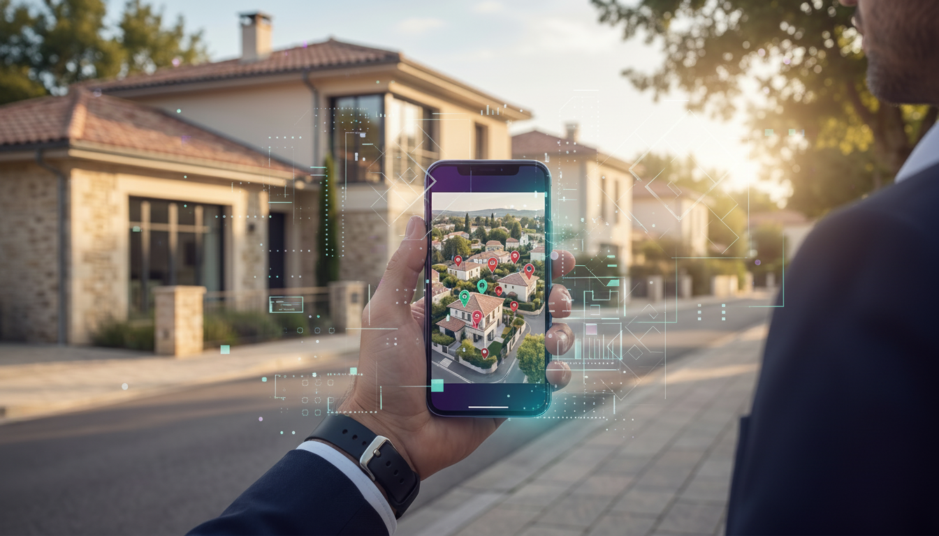 Vue subjective d'un smartphone affichant une carte interactive avec des marqueurs verts et rouges da