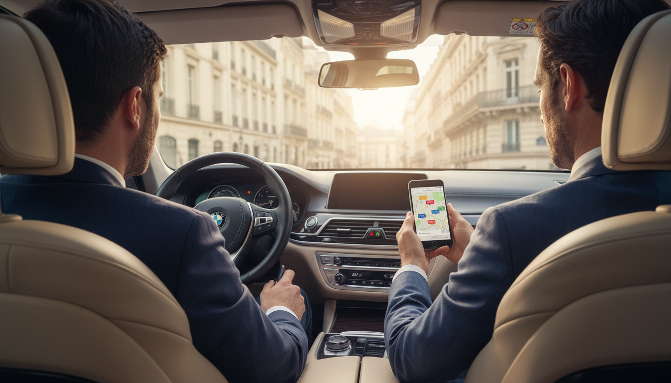 Agent immobilier assis dans sa voiture consultant une application sur smartphone montrant une carte 