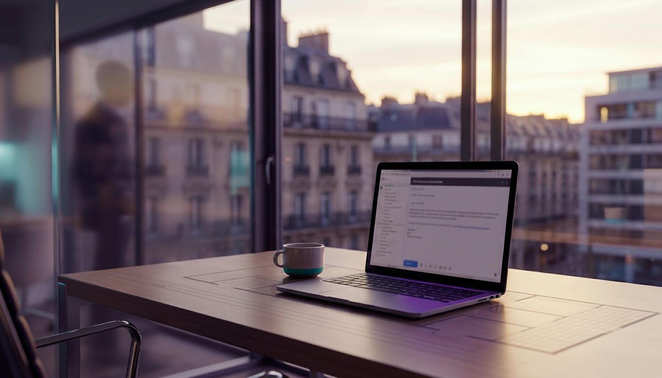 Bureau moderne d'un conseiller immobilier avec vue sur la ville. Sur le bureau, un ordinateur portab