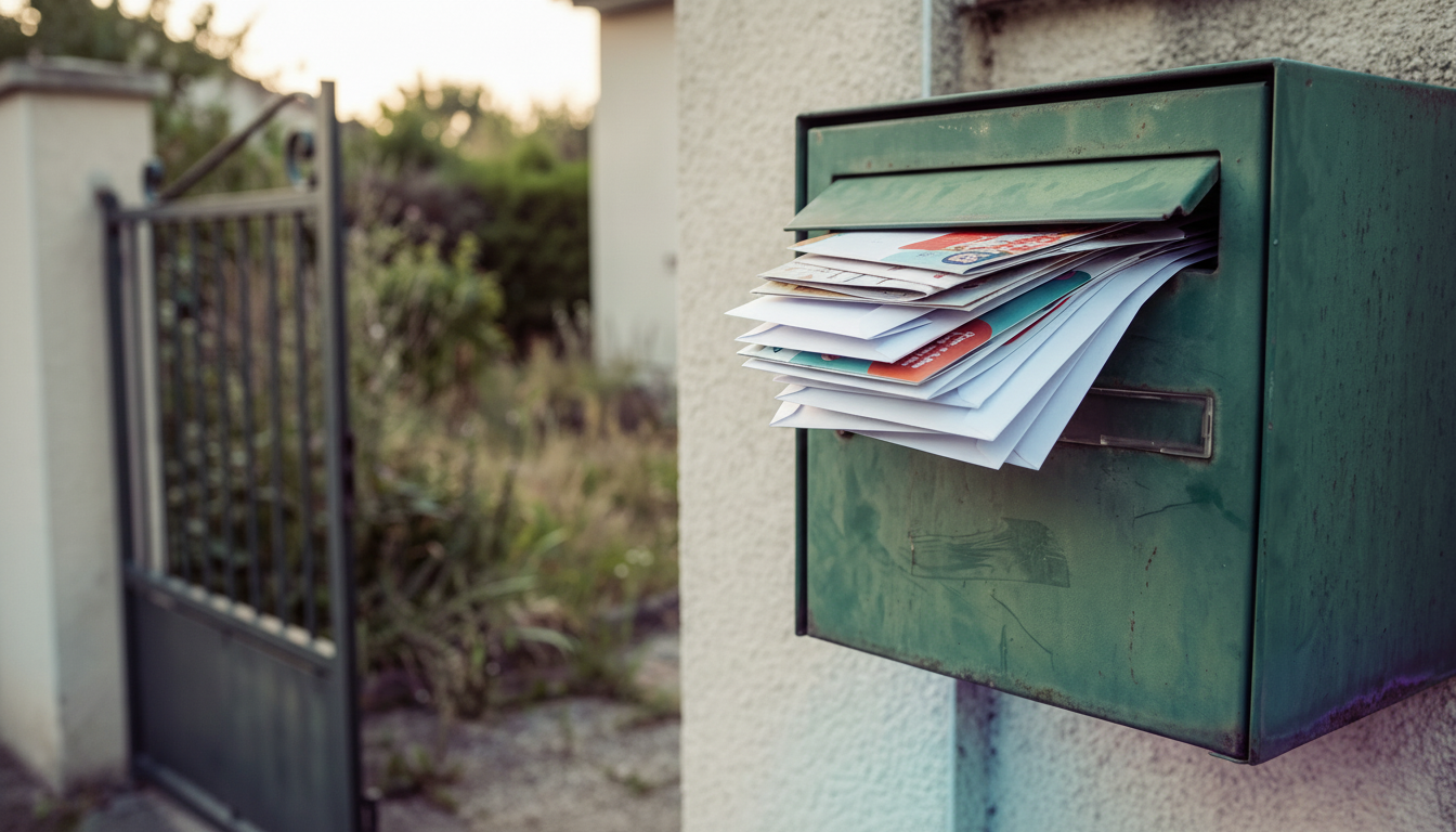 Plan serré sur une boîte aux lettres d'une maison individuelle en zone pavillonnaire française. La b