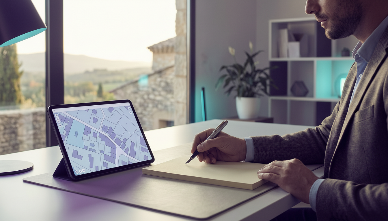 Un conseiller immobilier assis à un bureau moderne, rédigeant une lettre manuscrite avec un stylo pl