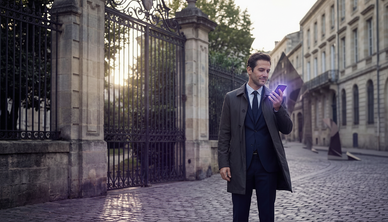 Un conseiller immobilier en tenue professionnelle, l'air serein, debout devant un portail de maison 