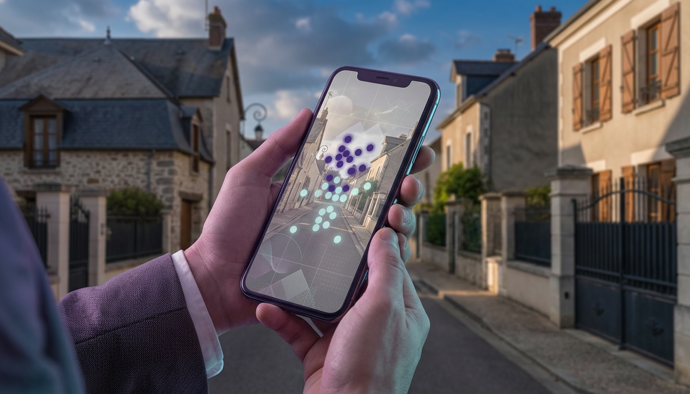 Plan serré sur les mains d'un conseiller immobilier tenant un smartphone affichant une carte interac