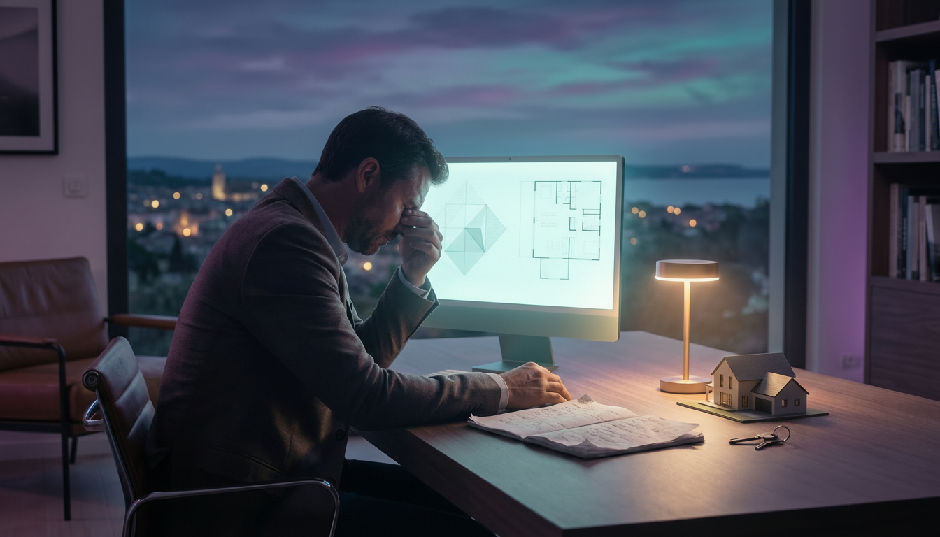 Conseiller immobilier épuisé assis à son bureau tard le soir, se frottant les yeux devant un écran d