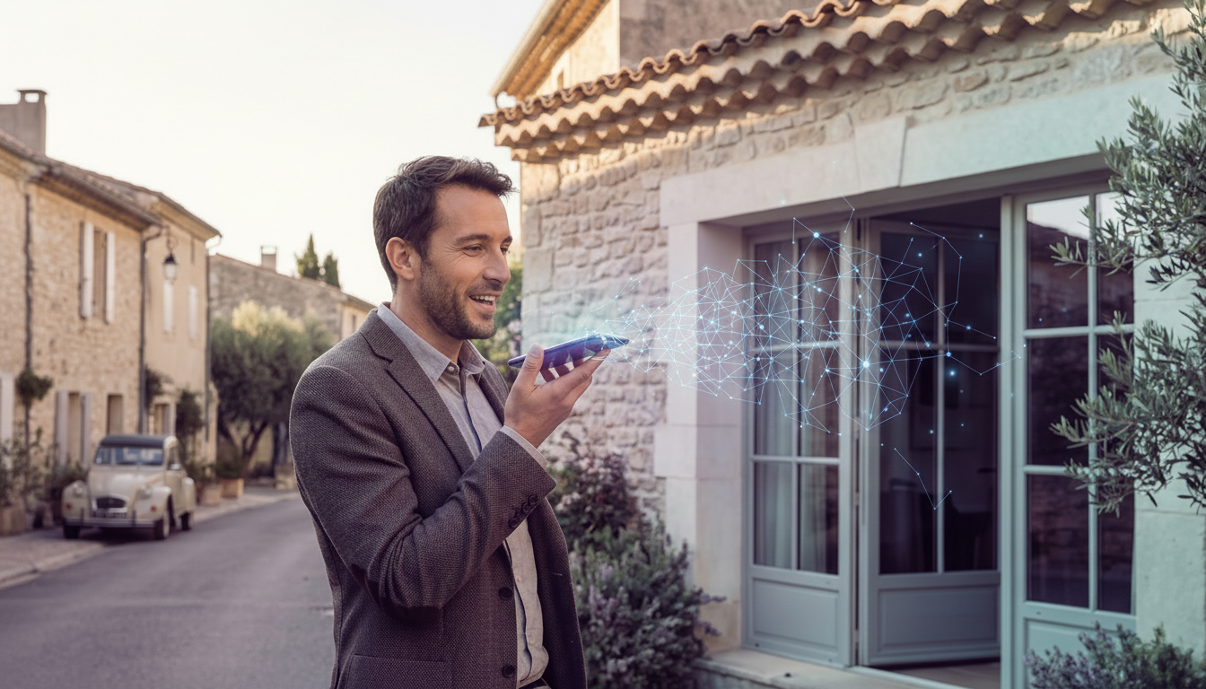 Conseiller immobilier souriant en extérieur, tenant un smartphone devant la façade d'une maison en p