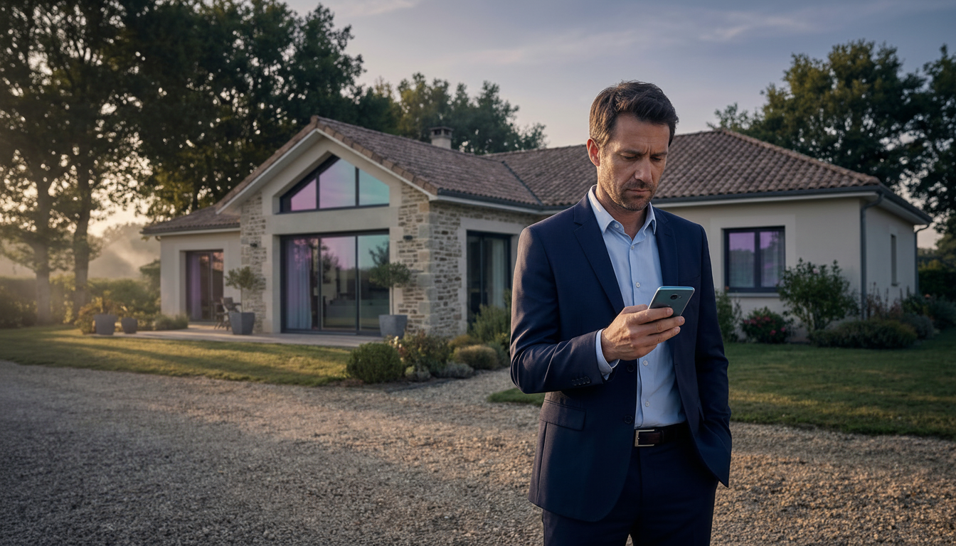 Conseiller immobilier en tenue de ville, debout devant un pavillon résidentiel français, regardant s