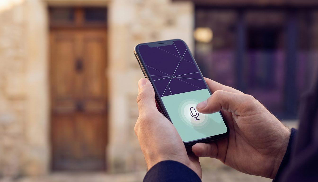 Gros plan sur les mains d'un conseiller immobilier tenant un smartphone affichant une interface d'ap