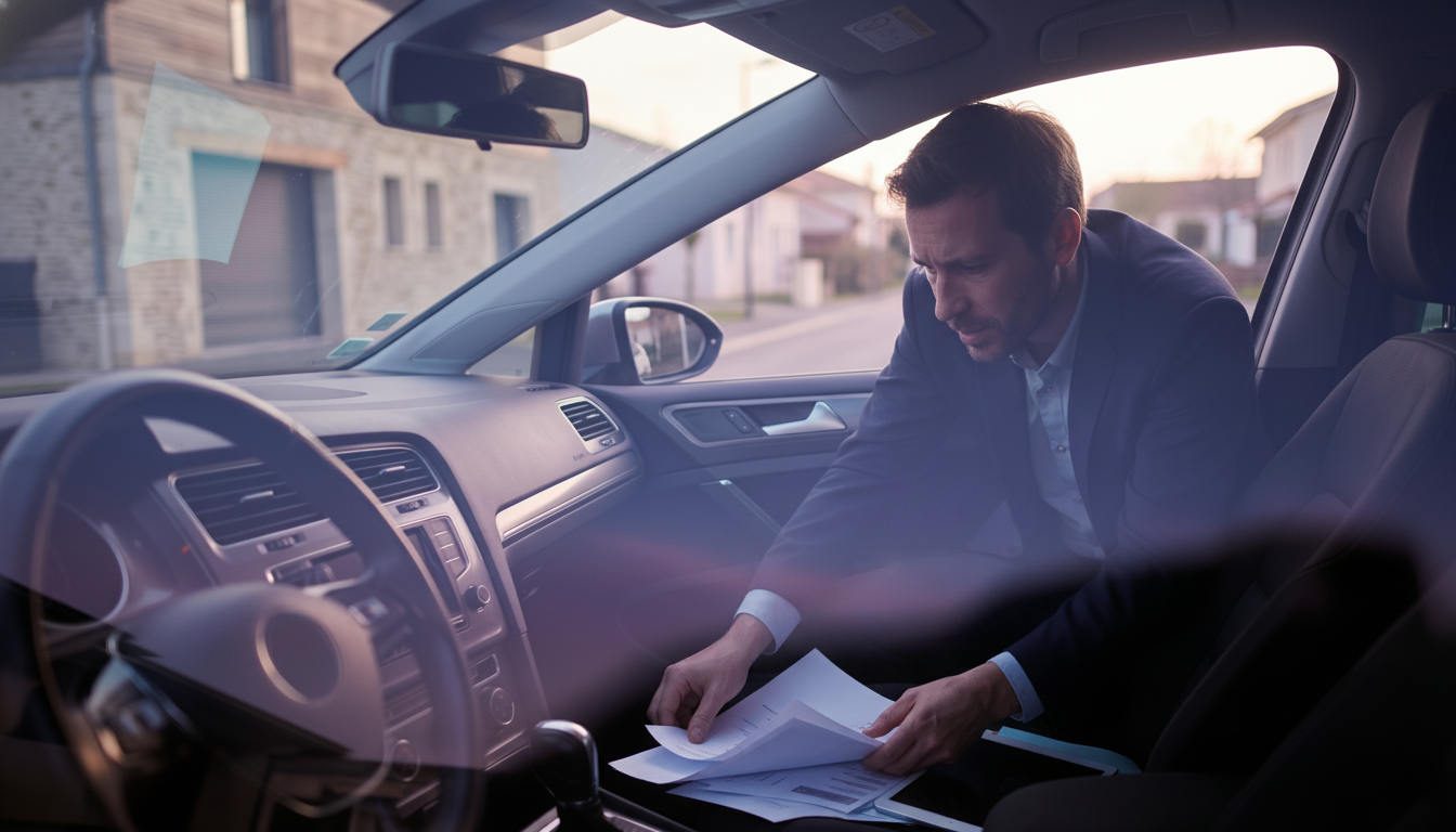 Conseiller immobilier frustré dans sa voiture, cherchant un bout de papier égaré avec des notes de p