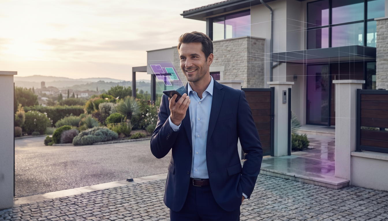 Conseiller immobilier souriant en costume de ville devant un portail de maison pavillonnaire, dictan