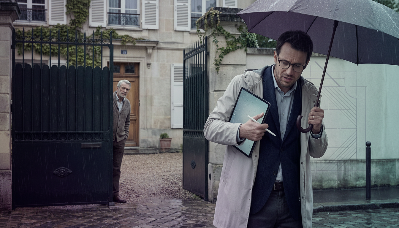 Conseiller immobilier masculin, trentenaire, l'air encombré et mal à l'aise devant un portail de mai