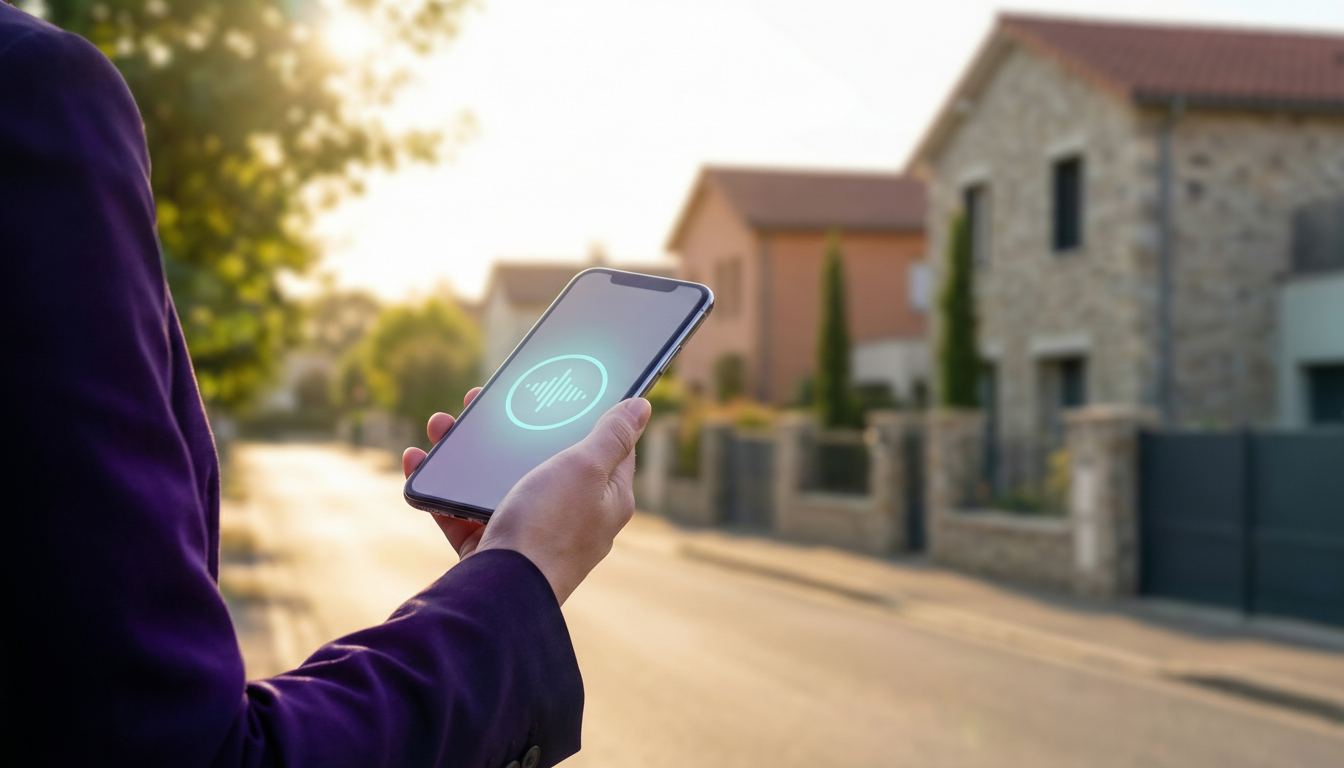 Gros plan sur la main d'une conseillère immobilière tenant un smartphone moderne avec l'interface de