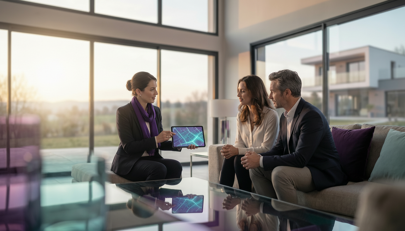 Conseillère en immobilier professionnelle montrant élégamment une carte interactive sur sa tablette 