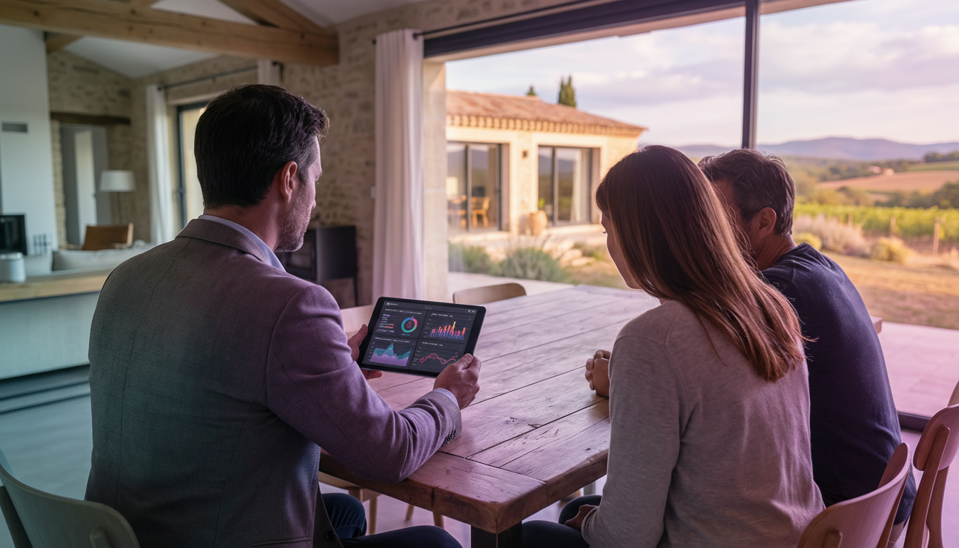 Vue par-dessus l'épaule d'un expert immobilier tenant une tablette affichant des graphiques de prix,