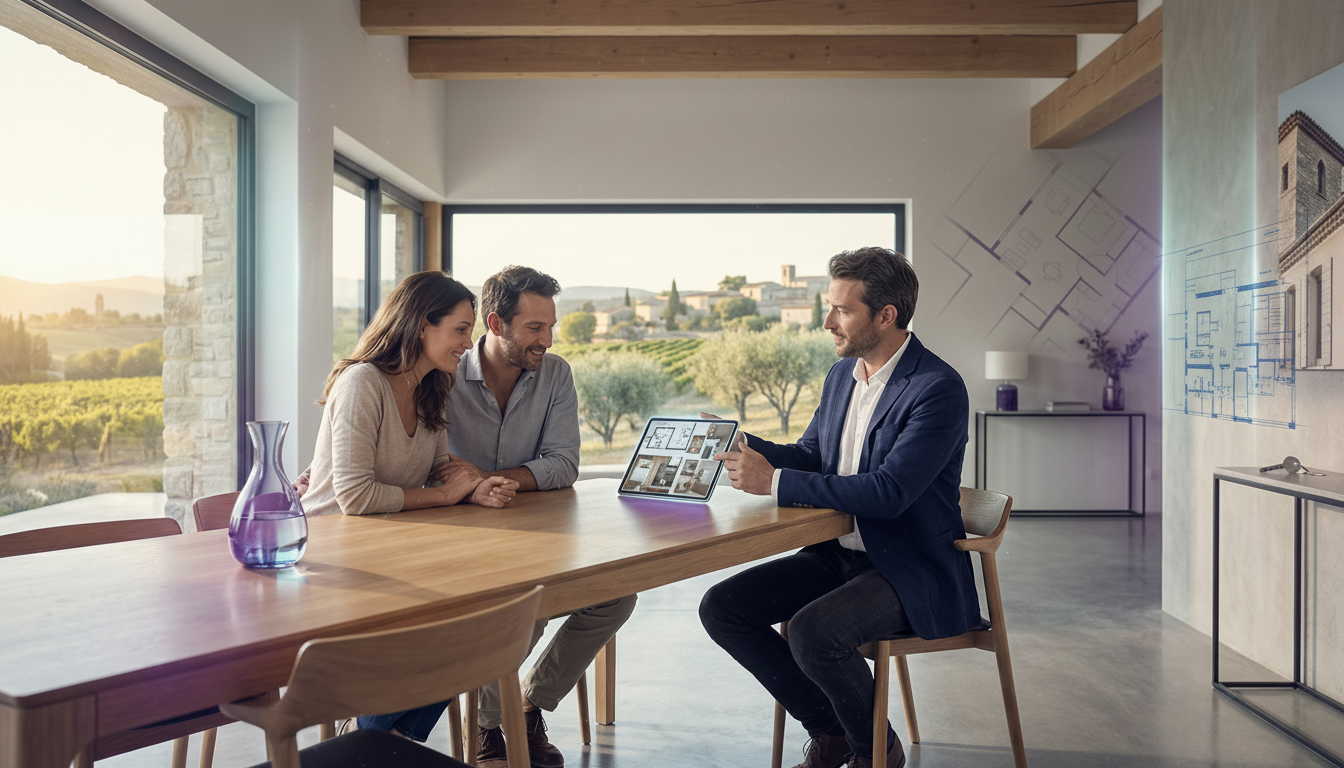 Plan moyen d'un conseiller immobilier masculin, trentenaire, style décontracté chic, assis à une tab