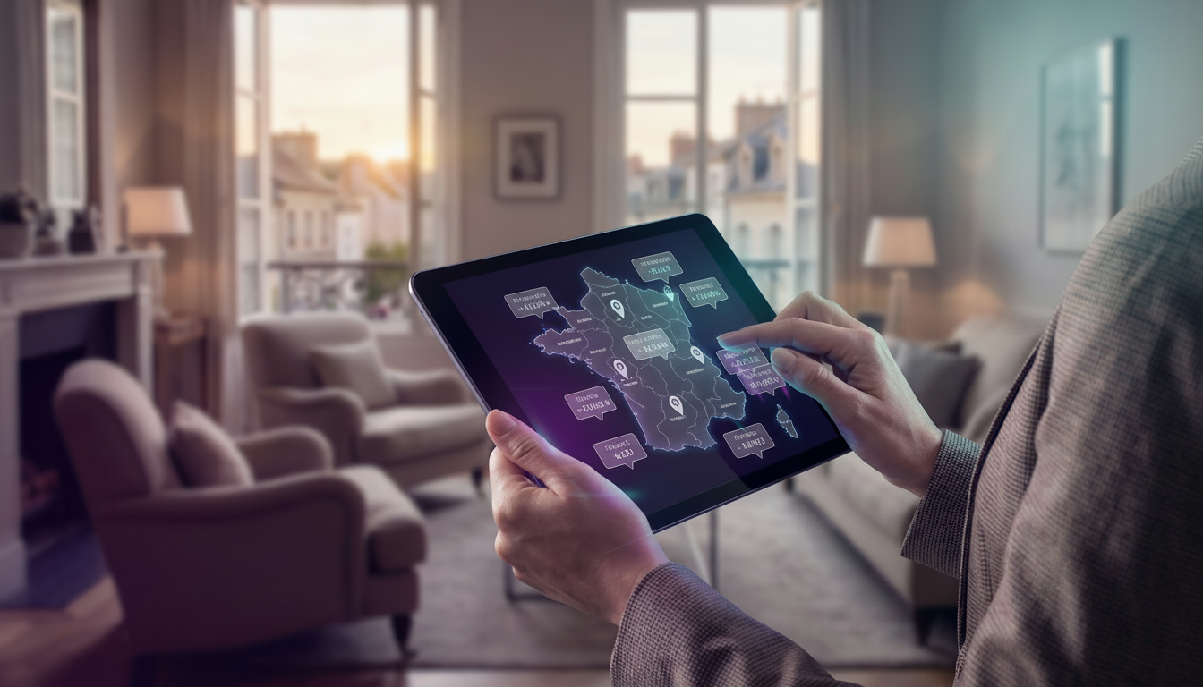 Gros plan sur les mains d'une conseillère immobilière tenant une tablette. L'écran affiche une carte